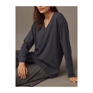 ALLUDE Blue 100% Virgin Wool Deep V-Neck Oversized Slouchy Classic Sweater, XS